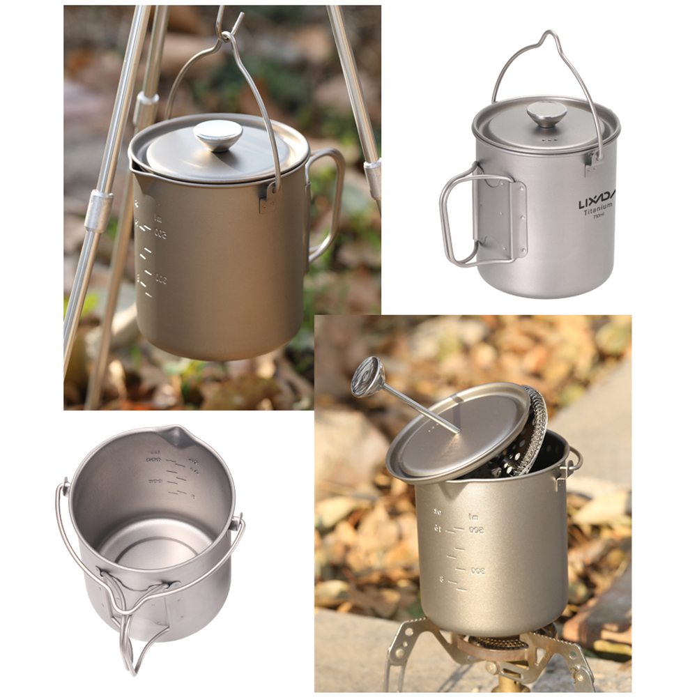 Camping Cooking Pot With Lid - Lixada 750ml titanium koffiemok, French press