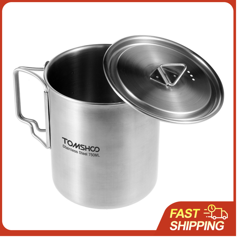 Camping Cooking Pot With Lid - TOMSHOO 750ml roestvrijstalen pot, draagbare watermok,