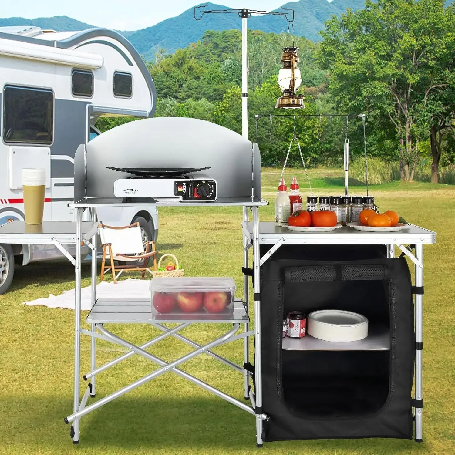 Camping Cooking Cupboard - Campingkeukentafel, opvouwbare buitenkooktafel met opbergtas, aluminium